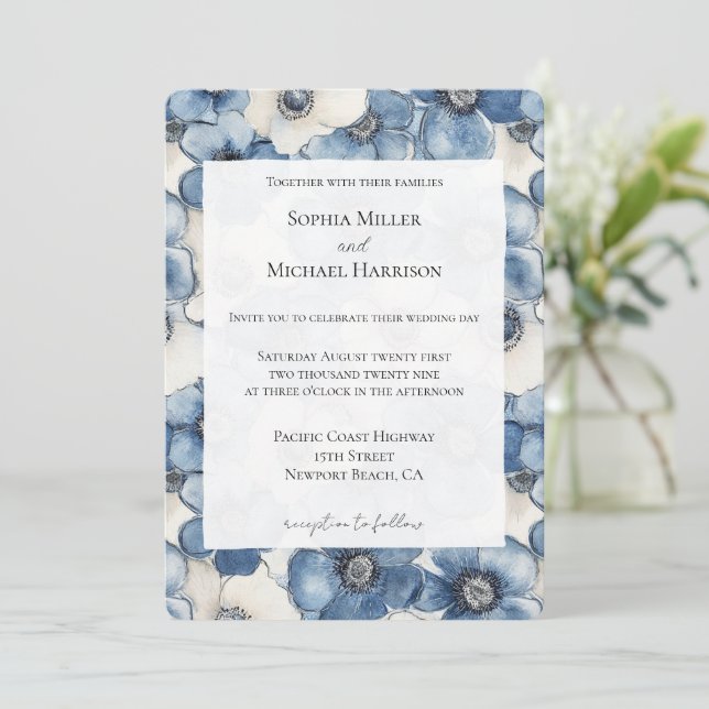 Blue White Denim Blume Wedding Einladung (Stehend Vorderseite)