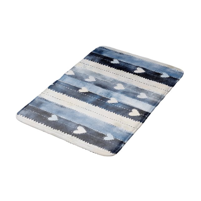 Blue White Denim Heart Stripes Birthday Badematte (Schrägansicht)