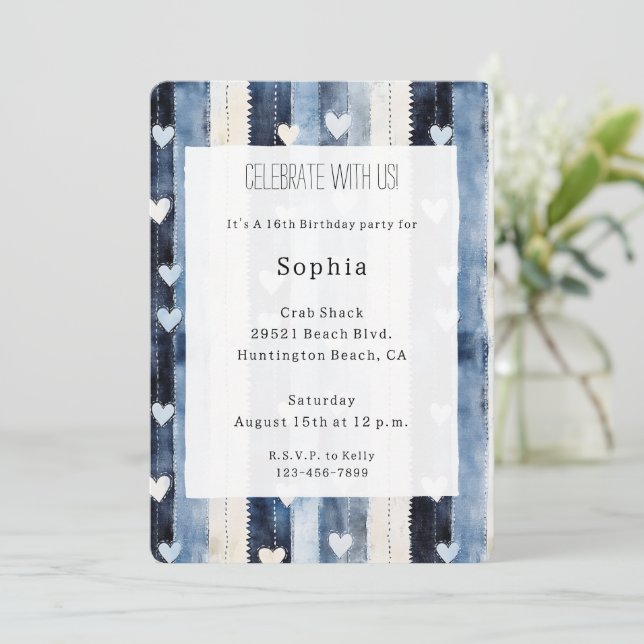 Blue White Denim Heart Stripes Birthday Einladung (Stehend Vorderseite)