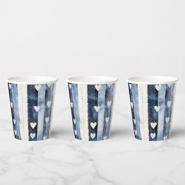 Blue White Denim Heart Stripes Birthday Pappbecher (Multi)