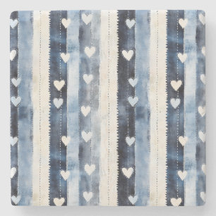 Blue White Denim Heart Stripes Steinuntersetzer