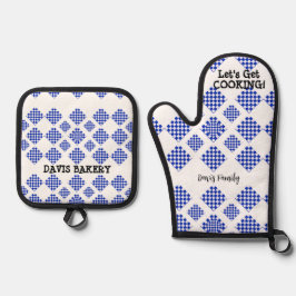 Blue White Diamond Karo Ofenhandschuh & Topflappen-Set