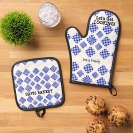 Blue White Diamond Karo Ofenhandschuh & Topflappen-Set
