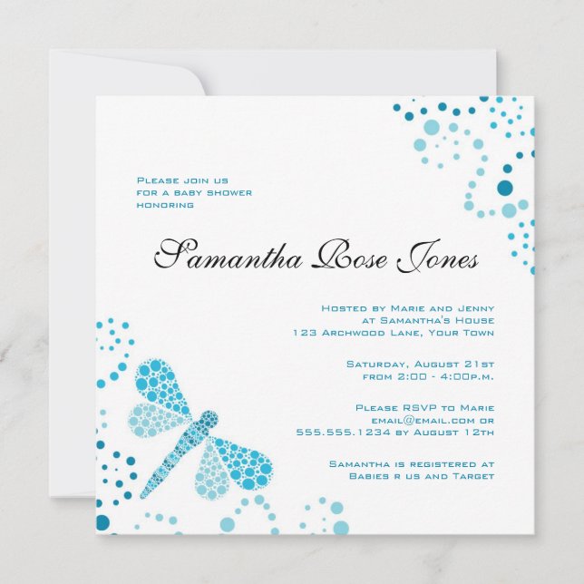Blue & White Dragonfly Elegante Babydusche Einladung (Vorderseite)