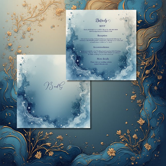 blue white Dreamy coastal marble ink wedding Begleitkarte (Von Creator hochgeladen)