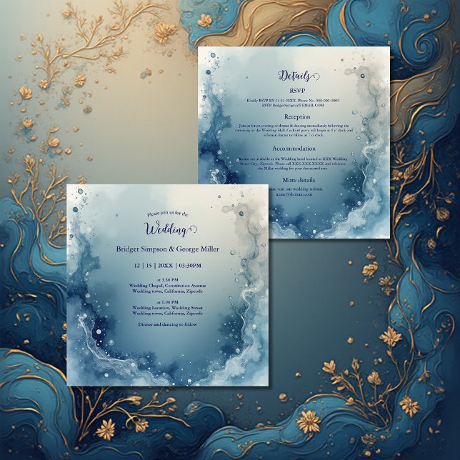 blue white Dreamy coastal marble ink wedding Einladung (Von Creator hochgeladen)