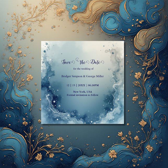 blue white Dreamy coastal marble ink wedding Save The Date (Von Creator hochgeladen)