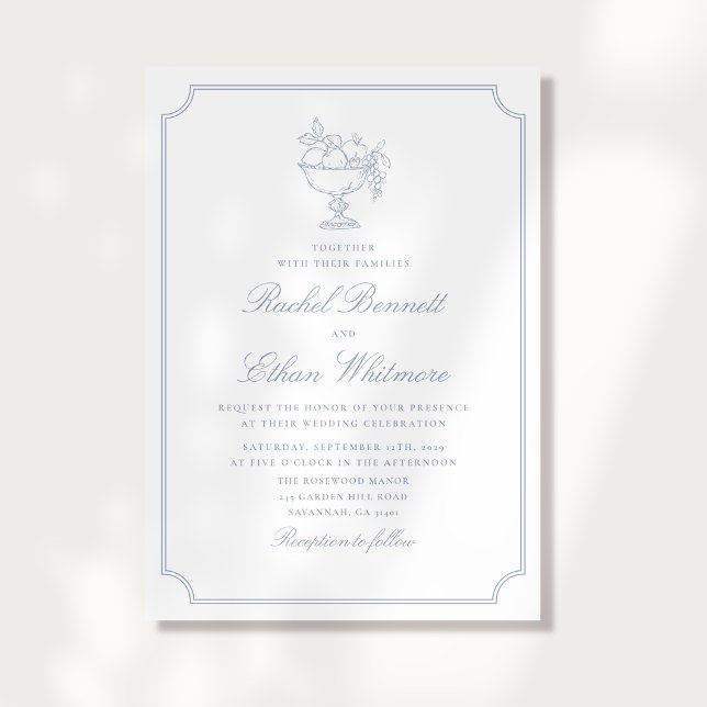 Blue & White Elegant Frame Wedding Invitation Ankündigung (Von Creator hochgeladen)