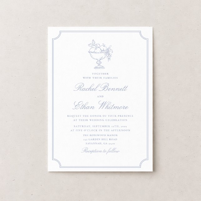 Blue & White Elegant Frame Wedding Invitation Ankündigung (Von Creator hochgeladen)
