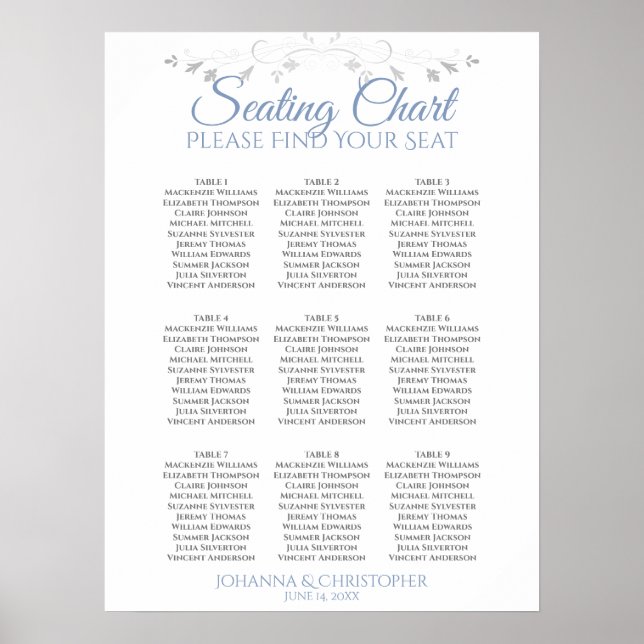 Blue & White Elegante 9 Table Wedding Seating Char Poster (Vorne)