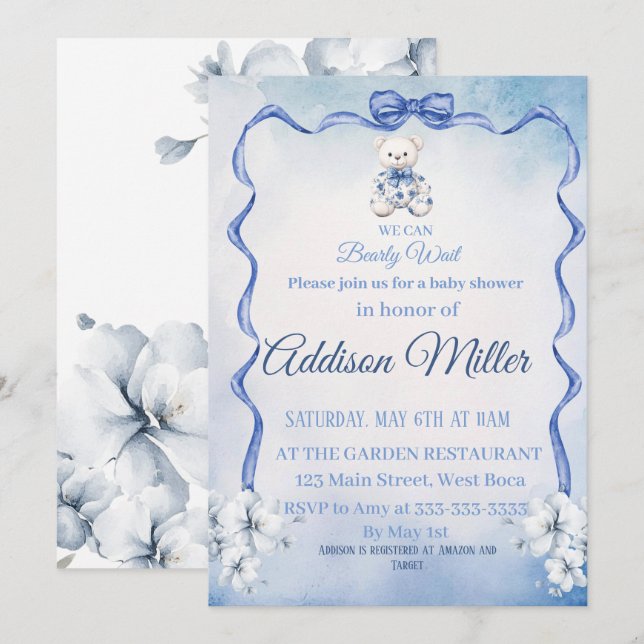 Blue&White Elegante Blume, wir können frühzeitig w Einladung (Vorne/Hinten)