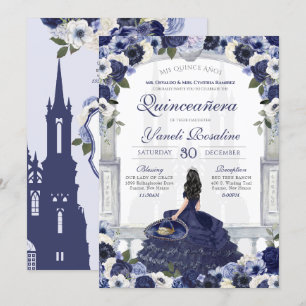 Blue White Elegante Charro Princess Quinceanera Einladung
