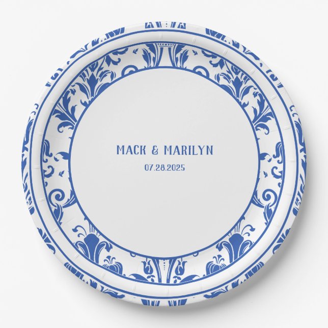 Blue & White Elegante Floral Damask Hochzeitsessen Pappteller (Vorderseite)