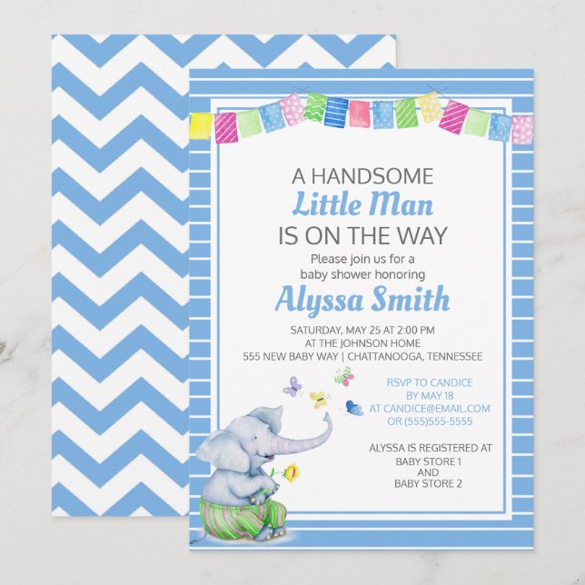 Blue White Elephant Butterflies Baby Boy Dusche Einladung (Vorne/Hinten)