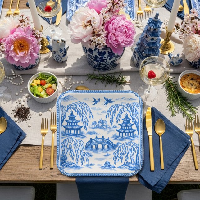 Blue white faux porcelain chinoiserie willow pappteller (Blue white faux porcelain chinoiserie willow paper plates)