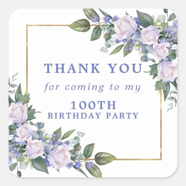 Blue White Floral 100th Birthday Thank You Quadratischer Aufkleber (Vorderseite)