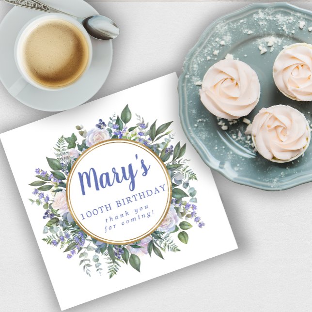 Blue White Floral 100th Birthday Thank You Serviette (Von Creator hochgeladen)