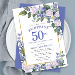Blue White Floral 50. Geburtstag Überraschung Part Einladung<br><div class="desc">Ehre eine besondere Frau mit dieser eleganten und weiblichen 50. Geburtstagsüberraschung Party Einladung. Überraschung und die 50. sind in großem blauen Text geschrieben. Die Geburtstagsfeier folgt. Der Name des geehrten Gastes ist auch in blauen Hauptstädte zu finden. Die Details der Geburtstagsfeier sind von einem schicken goldenen Rahmen umgeben. Die Blumenelemente...</div>