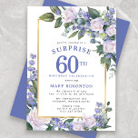Blue White Floral 60. Geburtstag Überraschung Part Einladung<br><div class="desc">Ehre eine besondere Frau mit dieser eleganten und weiblichen 60. Geburtstagsüberraschung Party Einladung. Überraschung und 60. sind in großem blauen Text geschrieben. Die Geburtstagsfeier folgt. Der Name des geehrten Gastes ist auch in blauen Hauptstädte zu finden. Die Details der Geburtstagsfeier sind von einem schicken goldenen Rahmen umgeben. Die Blumenelemente sind...</div>