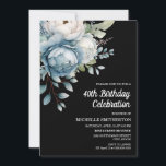 Blue White Floral Black Women's 40. Geburtstag Einladung<br><div class="desc">Schöne blau-weiße Aquarellblume auf der 40. Geburtstags-Party Einladung Postcard. Text ist vollständig anpassbar,  sodass diese Karte für jedes Alter entworfen werden kann. Kontaktieren Sie mich für Hilfe bei der Anpassung oder um passende Produkte anzufordern.</div>
