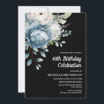 Blue White Floral Black Women's 40. Geburtstag Einladung<br><div class="desc">Schöne blau-weiße Aquarellblume auf der 40. Geburtstags-Party Einladung Postcard. Text ist vollständig anpassbar,  sodass diese Karte für jedes Alter entworfen werden kann. Kontaktieren Sie mich für Hilfe bei der Anpassung oder um passende Produkte anzufordern.</div>