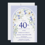 Blue White Floral Boho Arch 40. Geburtstag Party Einladung<br><div class="desc">Ein so hübsches Blumenmuster schmückt einen Boho-Bogen. Elegante,  weiße Gänsebläschen und bläuliche Wildblumen schaffen den perfekten Frühling und die Sommerpalette. Pop mit blauem Text vor weißem Hintergrund scharfmachen. Feminines und elegantes Design. Dieser Artikel ist Teil der Sammlung Boho Arch Blue und White Floral.</div>