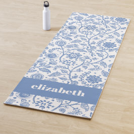 Blue White Floral Botanical Pattern Custom Name Yogamatte