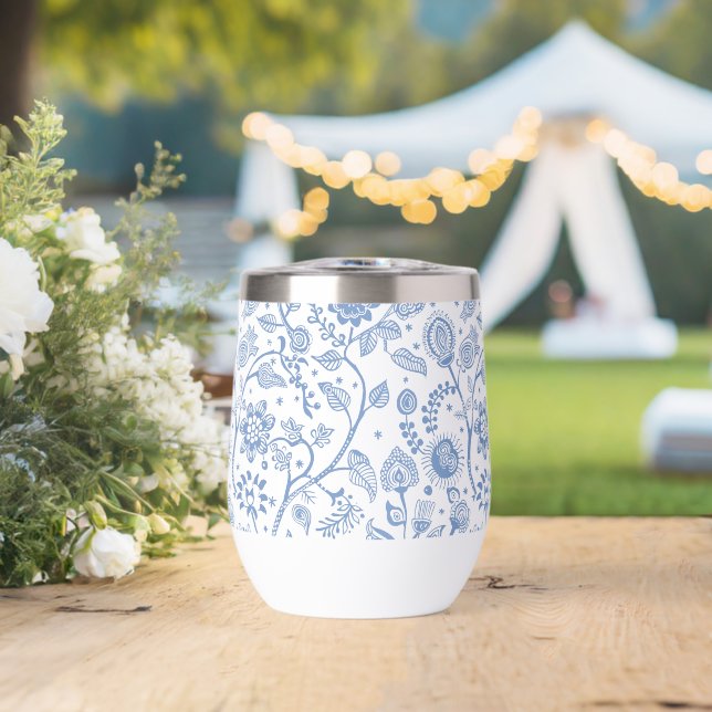 Blue White Floral Botanical Pattern Whimsical Boho (Mariage (pivoté))