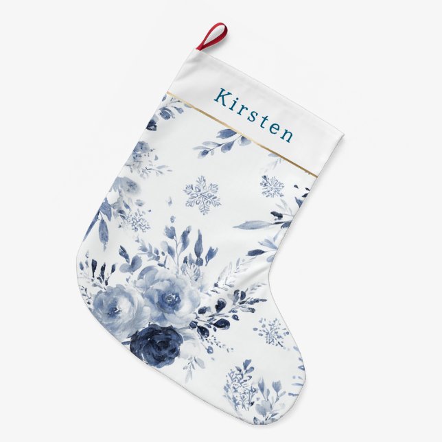 Blue White Floral Christmas Großer Weihnachtsstrumpf (Vorderansicht (hängend))