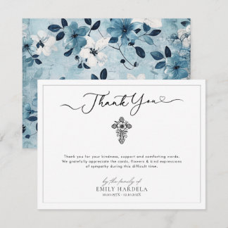 Blue White Floral Cross Beerdigung Danke Karte