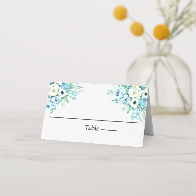 Blue White Floral Elegante Hochzeit Platzkarte (Vorderseite)