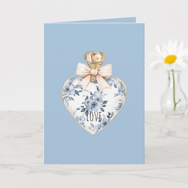 Blue White Floral Heart Perfume Bottle Love  Karte (Kleine Pflanze)