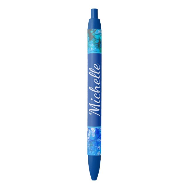 Blue White Floral Moderne Blume personalisieren Kugelschreiber (Vorderseite Vertikal)