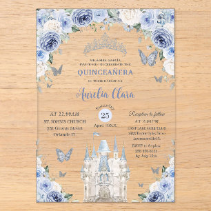Blue White Floral Princess Castle Quinceañera XV Acryleinladungen
