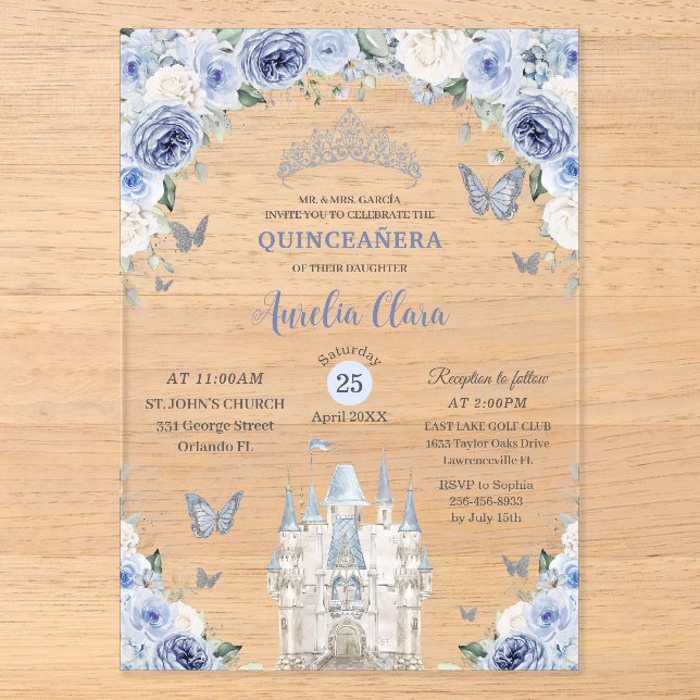 Blue White Floral Princess Castle Quinceañera XV Acryleinladungen (Vorderseite)
