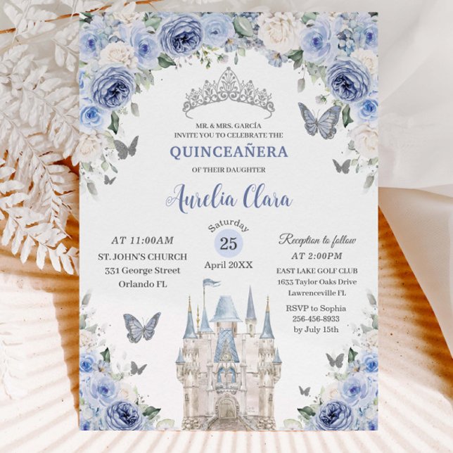 Blue White Floral Princess Castle Quinceañera XV Einladung (light-dusty-blue-white-floral-princess-castle-fairytale-silver-Quinceañera-sweet-16-birthday-invite)