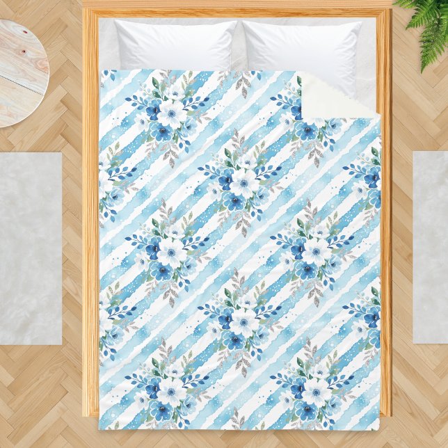 Blue White Floral Stripe Patterned Coastal Fleece (A fleece blanket with blue and white floral and stripes pattern in a watercolor style)