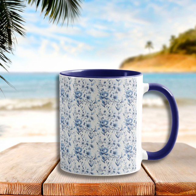 Blue White Floral Toile Chinoiserie WKND Tasse (Blue White Watercolor Floral Toile Chinoiserie Mug. All Over print)