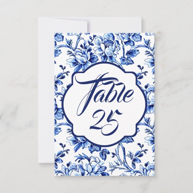 Blue White Floral Toile Hochzeitskarte der Tischnu Einladung (Vorderseite)