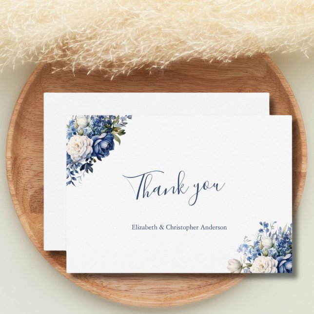 Blue White Floral Wedding Brautparty Dankeskarte (Blue White Watercolor Floral Wedding Bridal Shower thank you cards. Flat, Personalize your names)