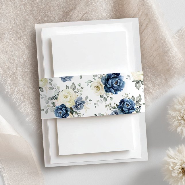 Blue White Floral Wedding Elegante Rose Einladungsbanderole (Blue White Floral Wedding invitation belly band)