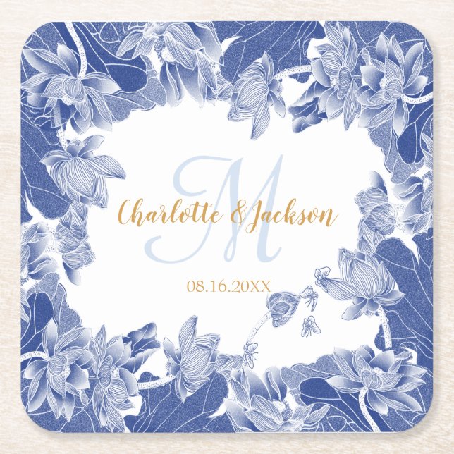 Blue White Floral Wedple Name Rechteckiger Pappuntersetzer (Vorderseite)