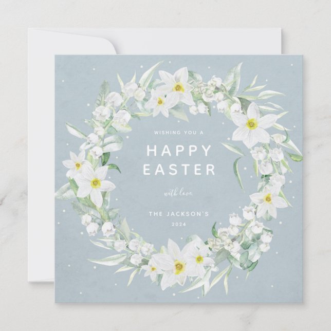 Blue + White Floral Wreath Happy Pâques Carte Plat (Devant)