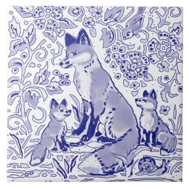Blue White Fox Family Animal Art Bauernhof Land Fliese (Vorderseite)
