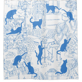 Blue White French Chat Paris Café Douche Rideau