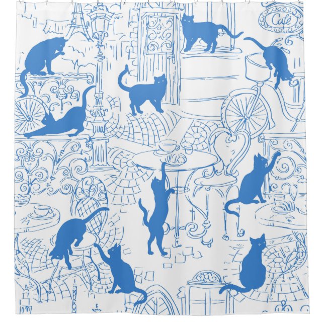 Blue White French Chat Paris Café Douche Rideau (Devant)