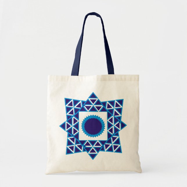 Blue White Geometric Triangle Star Mandala Tragetasche (Vorne)