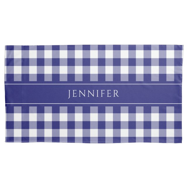 Blue & White Gingham Bauernhof Muster Name Pillo Kissenbezug (Vorderseite)