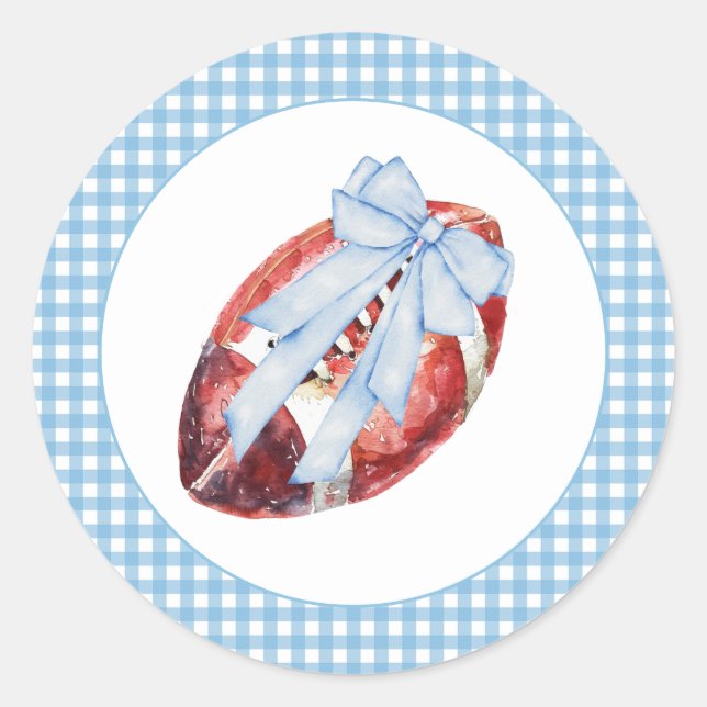 Blue & White Gingham Football Bow Sticker (Vorderseite)