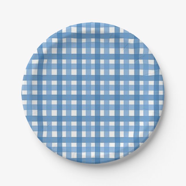 Blue & White Gingham Karo Babydusche Papierplatte Pappteller (Vorderseite)